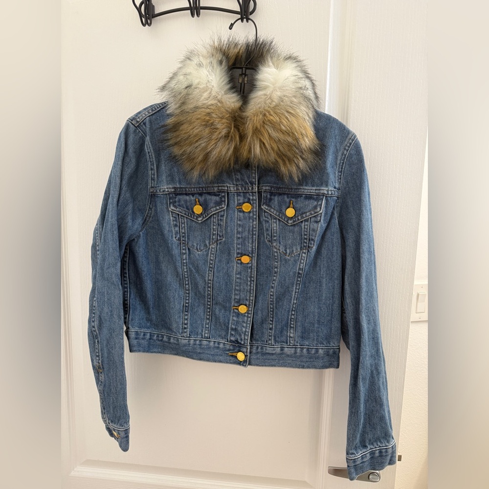 Michael Kors Blue Denim Jacket with Faux Fur Collar